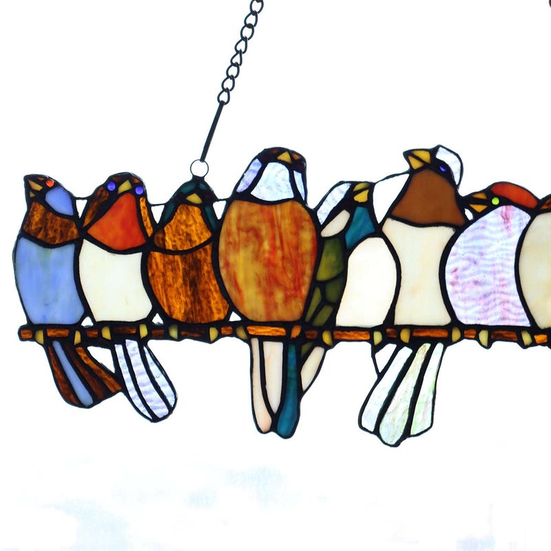 Bieye W10002 Tropical Birds Tiffany Style Stained Glass Window Panel Hangings with Chain, 19" W x 11.4" H - Image 5
